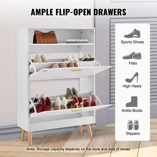 VEVOR Schuhschrank Schmal, Schuhregal Weiß, 800 x 237 x 1205 mm Schuhkipper mit 2 Klappen + oberem Staufach, Schuhkommode 68 kg Tragfähigkeit, Aufbewahrungsschrank Schuh Massivholz für Flur, Outdoor – Bild 3