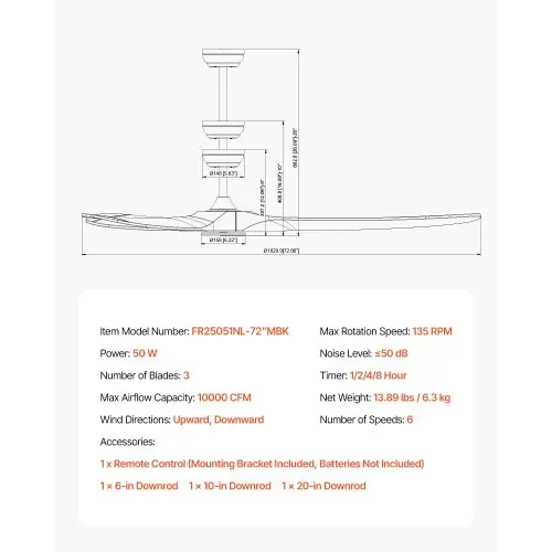 VEVOR 180 cm Deckenventilator ohne Beleuchtung, 6-Gang-Fernbedienung, 3 Holzflügel, umkehrbarer Gleichstrommotor, Außenventilator für Schlafzimmer, Wohnzimmer, Terrasse, Innen-/Außenbereich, schwarz – Bild 6