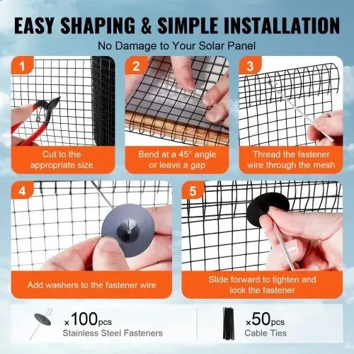 VEVOR Vogelschutz für Solarmodule, 20,3 x 30,5 m, Taubenabwehr Solaranlagengitter mit 100 Aluminiumlegierung-Verschlüssen, Solarmodul-Schutz mit rostfreier PVC-Beschichtung, 12 mm Quadratgitter – Bild 4
