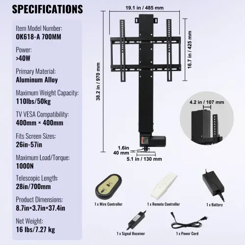 VEVOR TV-Ständer für LCD-LED-Plasmafernseher, Automatischer TV-Ständer, Aufzug für Fernseher, TV Lift Halterung 97,4 bis 167,4 cm, Höhenverstellbar & Stabil Max. 60 kg – Bild 6