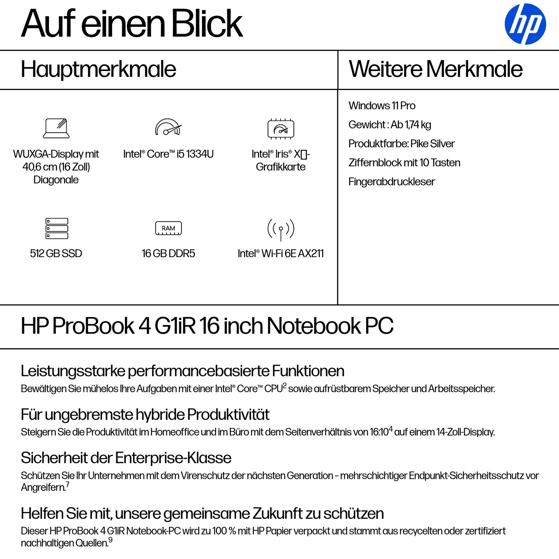 HP ProBook 4 G1iR Intel® Core™ i5 i5-1334U Laptop 40,6 cm (16") WUXGA 16 GB DDR5-SDRAM 512 GB SSD Wi-Fi 6E (802.11ax) Windows 11 Pro Silber – Bild 4