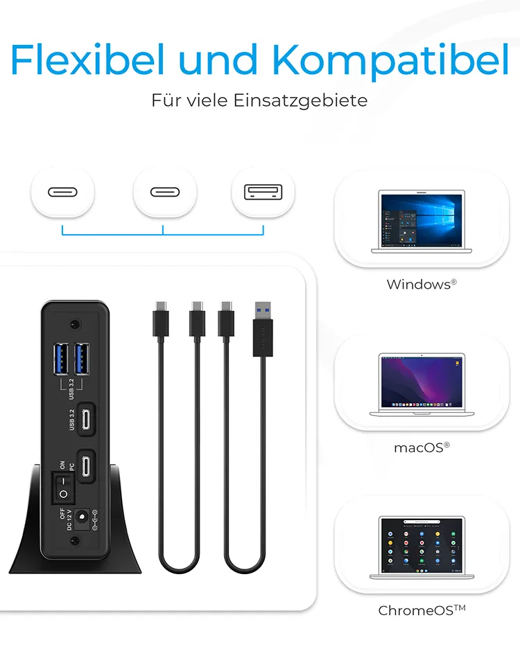ICY BOX IB-382H-C31, USB 3.2 Gen 2 Gehäuse für 2,5'' od. 3,5'' SATA HDD/SSD, integrierter Hub 1x USB-C 2x USB-A, 10 Gbit/s, 12V 3A Netzteil, schwarz – Bild 6