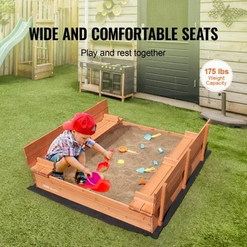VEVOR Sandkasten aus Holz, 132 x 120 x 43 cm, Sandkasten mit klappbaren Sitzbänken und Bodeneinlage, Sandkasten aus Naturholz für Kinder für den Garten, Strand, Park, Geschenk für Jungen und Mädchen im Alter von 3–12 Jahren – Bild 4