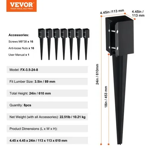 VEVOR Erdspieß für Zaunpfosten, 8er-Pack, 61 x 10 x 10 cm Außendurchmesser (Innendurchmesser 8,9 x 8,9 cm), Metall, schwarz pulverbeschichtet, Erdspieß für Briefkästen, Terrassen, Gartengeländer – Bild 6