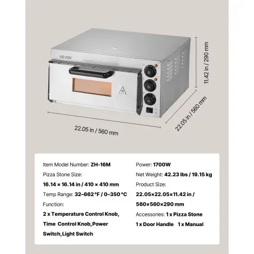VEVOR Kommerzieller Pizzaofen für die Arbeitsplatte, 16 Zoll große Einzeldeckschicht, elektrischer Pizzaofen aus Edelstahl mit Stein und Griff, Mehrzweck-Pizzamaker für den Innenbereich zum Backen von Brezeln im Restaurant zu Hause – Bild 6
