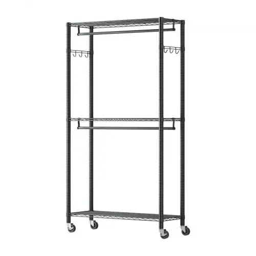 VEVOR Kleiderständer Garderobenständer auf Rollen (verstellbar) aus Karbonstahl mit 2 Kleiderstangen & 204 kg Tragkraft & 3 Regalen & 8 Haken, für Schlafzimmer Bekleidungsgeschäft Garderobe Flur – Bild 8