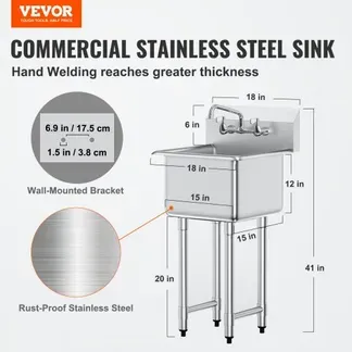 VEVOR Edelstahl Spültisch Gewerbliche Spülbecken 457 x 381 x 1041 mm, Spülbecken Edelstahl mit Wasserhahn 104 kg Tragfähigkeit, Edelstahlspüle Spülbecken Waschbecken Küche Freistehendes Spülbecken VEVOR Edelstahl Spültisch Gewerbliche Spülbecken 457 x 381 x 1041 mm, Spülbecken Edelstahl mit Wasserhahn 104 kg Tragfähigkeit, Edelstahlspüle Spülbecken Waschbecken Küche Freistehendes Spülbecken