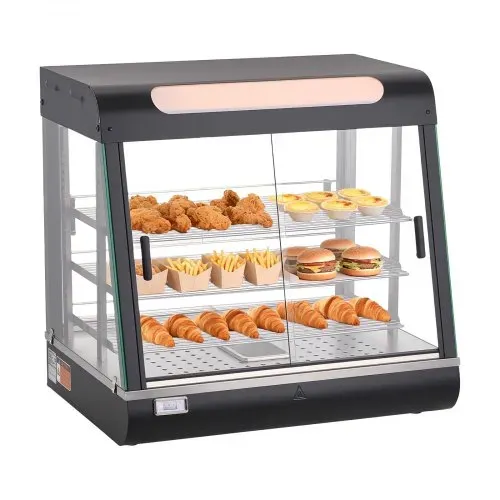 VEVOR 3-stöckige Wärmetheke 100 L, Warmhaltevitrine 1200 W, Warmhaltetheke 30–85 °C, Speisenwärmer mit LED-Beleuchtung & Verstellbaren Ablagen, Speisevitrine für Hamburger Pizza Brot Brathähnchen – Bild 10