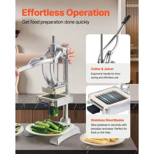 VEVOR kommerzieller Pommes-Frites-Schneider, Gemüseschneider Obstschneider Edelstahl mit 3 Ersatzklingen (12,7/9,525/6,35 mm) und einer Entsafterklinge, manueller Kartoffelschneider Pommesschneider – Bild 3