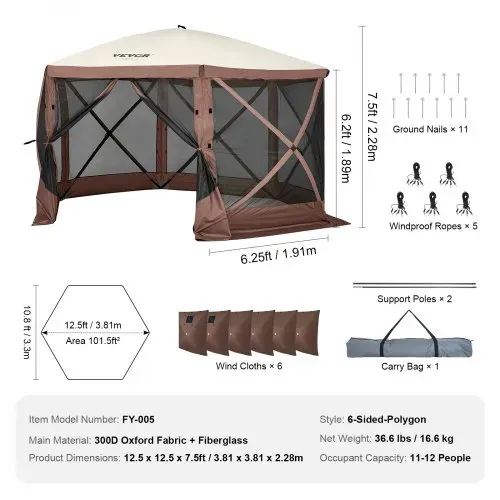 VEVOR Pop-Up-Pavillonzelt, Pop-Up-Zelt mit 6-seitigem Baldachin, Sonnenschutz mit 6 abnehmbaren Sichtschutz-Windtüchern und Netzfenstern, 12,5 x 12,5 Fuß, Schnellaufbau-Zelt mit Moskitonetz, braun – Bild 6
