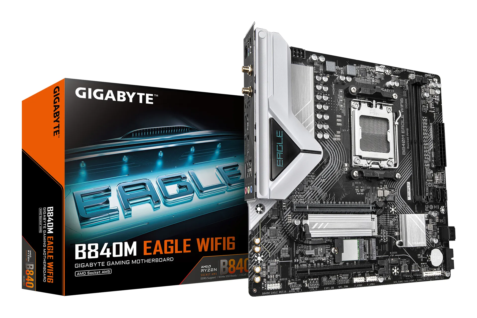 GIGABYTE B840M EAGLE WIFI6 Mainboard – AMD Ryzen 9000 Prozessoren, 5+2+2 Phasen VRM, bis zu 7600 MHz DDR5 (O.C.), 1 x M.2 PCIe 4.0 + 1 x M.2 PCIe 3.0, Wi-Fi 6, 2.5 GbE LAN, USB 3.2 Gen 1 GIGABYTE B840M EAGLE WIFI6 Mainboard – AMD Ryzen 9000 Prozessoren, 5+2+2 Phasen VRM, bis zu 7600 MHz DDR5 (O.C.), 1 x M.2 PCIe 4.0 + 1 x M.2 PCIe 3.0, Wi-Fi 6, 2.5 GbE LAN, USB 3.2 Gen 1