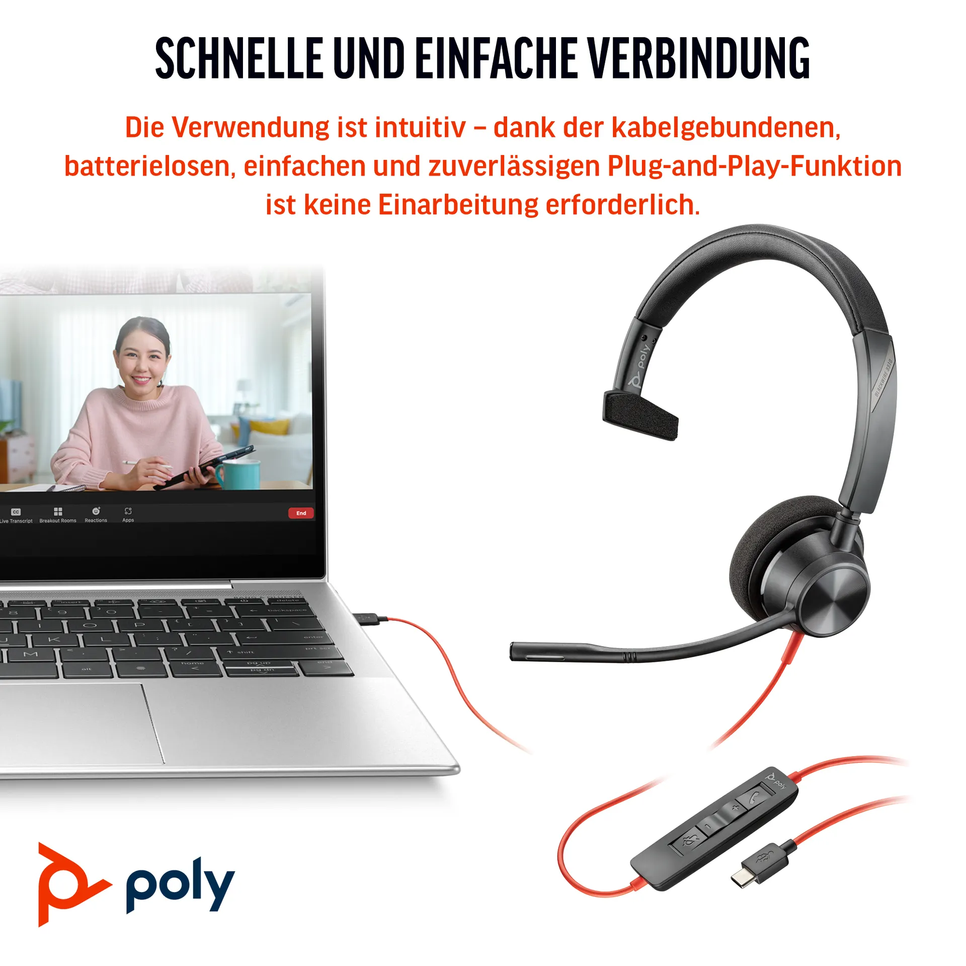 HP Poly Blackwire 3310 Monaurales USB-C-Headset + USB-C/A-Adapter – Bild 6