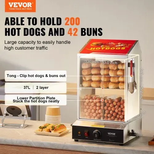 VEVOR Hot Dog Dampfgarer, 37L, 2-stufiger Hot Dog Hütten-Dampfgarer, 30℃~85℃ Temperaturregelung, elektrischer Brötchenwärmer mit Schiebetüren aus gehärtetem Glas, Trennplattenzange, Edelstahl, für Hot Dogs & Brötchen VEVOR Hot Dog Dampfgarer, 37L, 2-stufiger Hot Dog Hütten-Dampfgarer, 30℃~85℃ Temperaturregelung, elektrischer Brötchenwärmer mit Schiebetüren aus gehärtetem Glas, Trennplattenzange, Edelstahl, für Hot Dogs & Brötchen