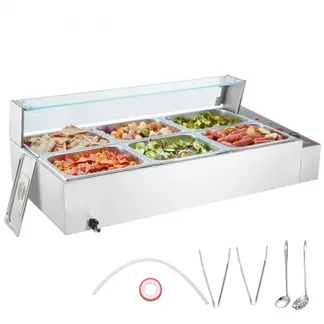 VEVOR Kommerzieller Speisenwärmer mit 6 x 8 Qt Behältern, elektrischer Dampftisch mit Glasabdeckung, 1500 W Arbeitsplatte aus Edelstahl, Buffet-Bain-Marie, 30–85 °C Temperaturregelung für Gastronomie VEVOR Kommerzieller Speisenwärmer mit 6 x 8 Qt Behältern, elektrischer Dampftisch mit Glasabdeckung, 1500 W Arbeitsplatte aus Edelstahl, Buffet-Bain-Marie, 30–85 °C Temperaturregelung für Gastronomie