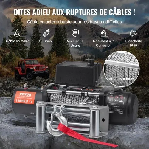 VEVOR Elektrische Seilwinde, 13.500 lb, 12 V DC LKW-Winde mit Φ3/8 Zoll x 80 Fuß Stahlkabel-Rollenführung, kabellose und kabelgebundene Fernbedienung, IP55 wasserdicht zum Abschleppen von Geländewagen, Jeeps, LKWs, Anhängern und Booten – Bild 3