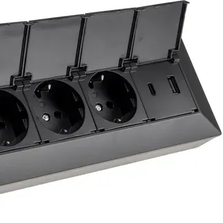 4-fach Steckdosenblock, USB-A+C, schwarz 250V~/ 16A, USB 3,1A, PD, mit Klappen 4-fach Steckdosenblock, USB-A+C, schwarz 250V~/ 16A, USB 3,1A, PD, mit Klappen
