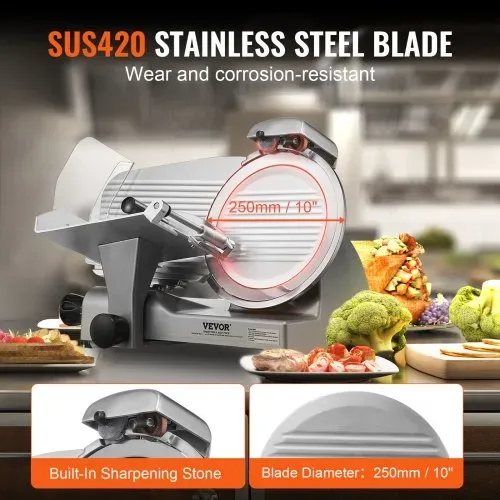 VEVOR Kommerzieller Fleisch Allesschneider 340 W, Elektrische Aufschnittmaschine Lebensmittelschneider mit 25,4 cm-Kohlenstoffstahlklinge, 0–15 mm Einstellbare Dicke für Fleisch, Käse, Gemüse usw. – Bild 3