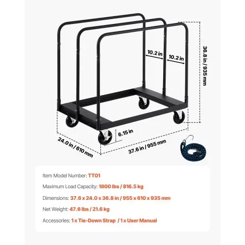 VEVOR Plattenwagen, 816 kg, Transportwagen mit 360° Lenkrollen, Plattenkarre mit Zurrgurt & 3 seitlichen Handläufen, Plattenroller, Transporthilfe für Fabrik, Lager, Garage, Schwarz, 955x610x935 mm – Bild 6