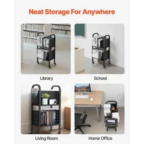 VEVOR Bücherwagen, 70 kg Tragkraft, Bibliothekswagen, 45 x 33 x 88 cm, Doppelseitiges L-förmiges Bücherregal mit Doppelbremsrollen, Bücherregalwagen für Wohnzimmer, Büro, Schule, Schwarz – Bild 5