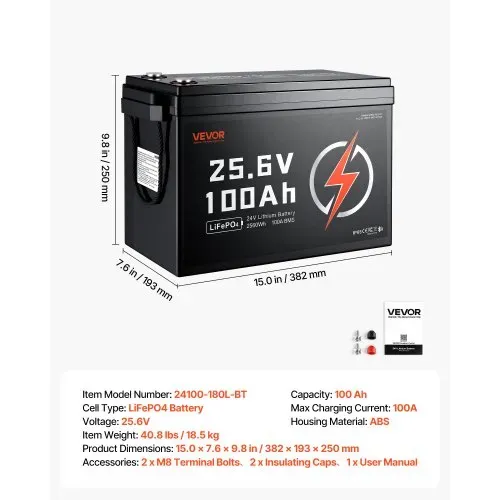 VEVOR LiFePO4 Batterie 24 V 100 Ah 100 A Lithiumbatterie mit Bluetooth BMS, Geeignet für Wohnmobile Campingwagen Solarenergiespeicher und Elektromotoren, 20-29,2 V DC, Niedertemperaturschutz, 2560 Wh – Bild 6