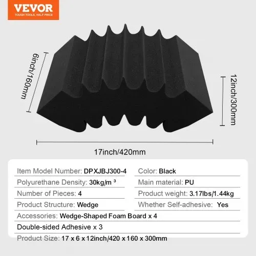 VEVOR Akustikschaumstoff Akustikpaneele 4er-Set, 42x16x30cm, selbstklebende schalldichte Wandplatten, Akustikplatte, Akustikschaumstoff-Matten für Studiowände & -decken, schwarz – Bild 6