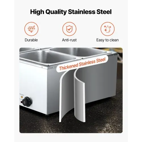 VEVOR kommerzieller Speisenwärmer (4 x 1/2 Größe Behälter), 1,5 kW elektrischer Wärmebehälter aus Edelstahl mit Abdeckung & Suppenkelle, Chafing Dishes für Catering Restaurant Party – Bild 3