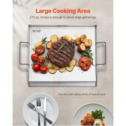 VEVOR Grillplatte Grillpfanne aus Edelstahl universelle rechteckige Platte (448 x 370 mm) mit flacher Oberseite, Gasgrill-Grillplatte für BBQ-Grill Teppanyaki, Familienkochgeschirr mit Griff – Bild 3