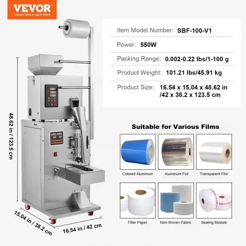 VEVOR Automatische Partikelverpackungsmaschine, 0,002–0,22 lbs/1–100 g, multifunktionale Beutel-Pulverbeutel-Beschwerungs-Füllverpackungsmaschine, Pulverfüllmaschine für Tee, Samen, Körner, Mehl, Bohn – Bild 6