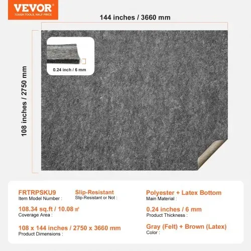 VEVOR Teppichbelag, 275x366cm, Teppichfliesen, schützende Polsterung aus Gummi für Teppiche, 0,6cm dick – Anti-Rutsch-Matte aus Filz mit doppelter Oberfläche, Bodenbelag, sicher für alle Böden, grau – Bild 6