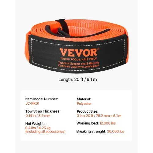 VEVOR Abschleppgurt-Bergeset, 16329 kg, Abschleppseil mit Aufbewahrungstasche & 19 mm D-Ring-Schäkel, Notfall-Hochleistungsgurt für SUVs, Pickups, LKWs, Boote, Geländefahrzeuge, 76,2 mm x 6,1 m – Bild 6