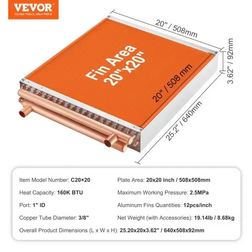 VEVOR Wärmetauscher Wasser-Luft, 50,8 x 50,8 cm mit 3-reihigen 9,53 mm Kupferanschlüssen, 242 Aluminiumlamellen Wärmetauscher für Holzöfen, Heizung und Kühlung im Wohnbereich und Warmluftheizung – Bild 6