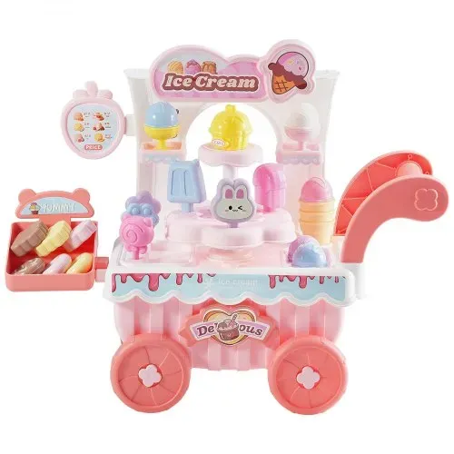 VEVOR Eiswagen, 27-teiliges Zubehör, Eisdiele aus PP, Aufbewahrungswagen mit Spielgeld, Ton- und Lichteffekten, Montessori-Lernspielzeug, Rollenspiel für Kleinkinder ab 3 Jahren (Pink) – Bild 9