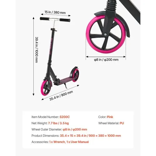 VEVOR Scooter (2 Räder) für Kinder ab 8 Jahren, Cityroller Kinderroller Straßenroller mit höhenverstellbarem Lenker & rutschfestem Deck & leichtem Rahmen, faltbarer Tretroller bis zu 100 kg, Pink – Bild 6