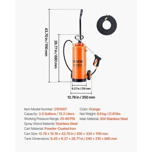 VEVOR Drucksprüher, Sprühgerät, Industrieller Betonsprüher mit Rolle, 13,2 L Edelstahlsprüher, Hochleistungs-Pumpsprüher, inkl. Schläuche, 2 Messingdüsen, ideal für Bau, Rasen und Garten – Bild 6