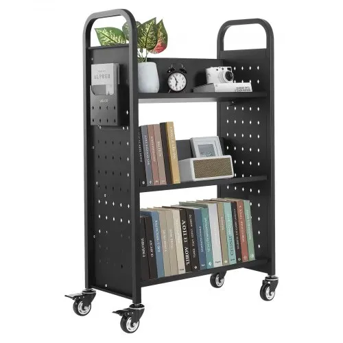 VEVOR Bücherwagen, 150 kg Tragkraft, Bibliothekswagen, 77 x 38 x 122 cm, einseitiges V-förmiges Bücherregal mit Doppelbremsrollen, Bücherregalwagen für Wohnzimmer, Büro, Schule, Schwarz – Bild 9