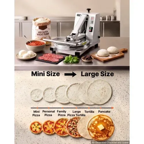 VEVOR Pizzateigpresse 18 Zoll 1200 W Elektrische Teigpresse für Pizzaböden für Pizzerien und Tortilla-Restaurants, 0-240 °C, Einstellbare Teigdicke 0-11 mm, mit Edelstahlgriff, Aluminium-Pressplatte – Bild 2