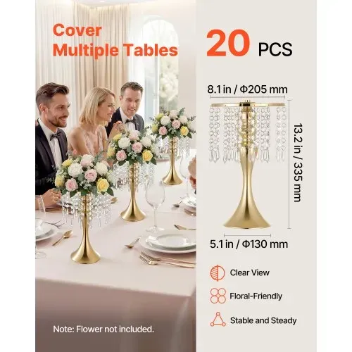 VEVOR 20 Stk. Hochzeitsvasen Tafelaufsatz Blumenvasen für Hochzeit 33,5 cm Hoch, Metall Tafelaufsatz Vasen mit Blumenständern Kristalldeko, Tischvase für Hochzeiten Party Jubiläumsfeier Zeremonie, Gold – Bild 2
