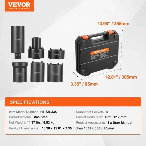 VEVOR Spindelmutter-Steckschlüsselsatz 12,7 mm Antrieb, 6-teiliger Achsnabenmutter-Steckschlüsselsatz mit Aufbewahrungskoffer, Achsspindelmutter-Halterungen-Entferner Steckschlüsselsatz Spindelmutter – Bild 6