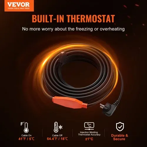 VEVOR Frostschutz Heizkabel, 9 m, 23 W/m, Heizkabel für Rohre mit eingebautem Thermostat, Rohrheizkabel zum Schützen von PVC-Schläuchen, Metall- & Kunststoffrohren vor dem Einfrieren VEVOR Frostschutz Heizkabel, 9 m, 23 W/m, Heizkabel für Rohre mit eingebautem Thermostat, Rohrheizkabel zum Schützen von PVC-Schläuchen, Metall- & Kunststoffrohren vor dem Einfrieren