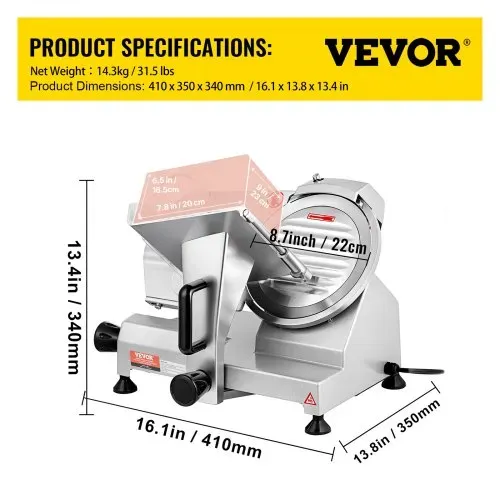 VEVOR Kommerzieller Fleisch Allesschneider 200 W, Elektrische Aufschnittmaschine Lebensmittelschneider mit 20,32 cm-Kohlenstoffstahlklinge, 0–12 mm Einstellbare Dicke für Fleisch, Käse usw. – Bild 6