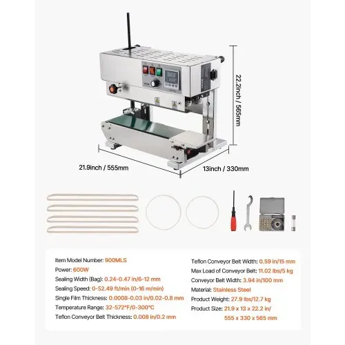 VEVOR Durchgehende Beutelband-Versiegelungsmaschine, 0,24-0,47 Zoll/6-12 mm Siegelbreite, vertikale Bandsiegelmaschine mit digitaler Temperaturregelung, Beutelsiegelgerät aus Edelstahl für 0,02-0,8 mm starke Plastikbeutelfolien – Bild 6