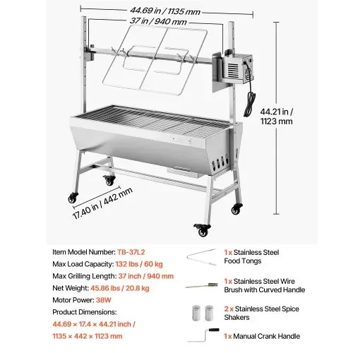 VEVOR Drehspießgrill 38 W Spanferkelgrill Lammgrill Holzkohlegrill (94 cm Grilllänge) mit 60 kg Tragkraft & Rädern & 7-facher Höhenverstellung, Edelstahl-Elektrogrill-Set für Camping Outdoor – Bild 6