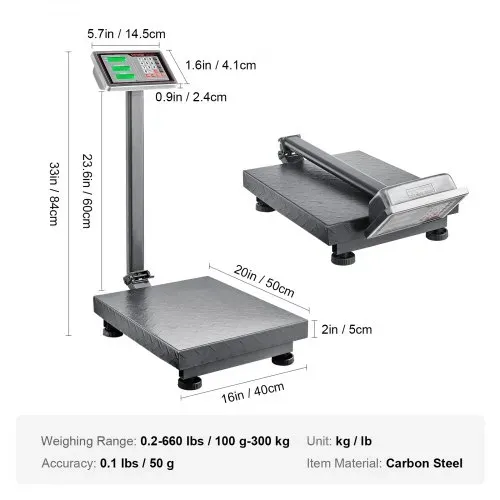 VEVOR Digitale Plattformwaage, 300 kg Tragkraft, 50 g hohe Genauigkeit, elektronische Bodenwaage mit LB/KG, Tara, Preisrechner, AC/DC-Stromversorgung, geeignet für Gepäck, Versand, Pakete, Porto – Bild 6