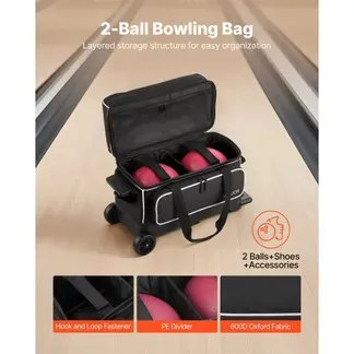 VEVOR Bowlingballtasche für 2 Bälle mit Doppelrollen & separatem Fach für Schuhe (bis US-Größe 16) & übergroßer Zubehörtasche, einziehbarer Griff lässt sich auf 105 cm ausziehen Schwarz + Weiß VEVOR Bowlingballtasche für 2 Bälle mit Doppelrollen & separatem Fach für Schuhe (bis US-Größe 16) & übergroßer Zubehörtasche, einziehbarer Griff lässt sich auf 105 cm ausziehen Schwarz + Weiß