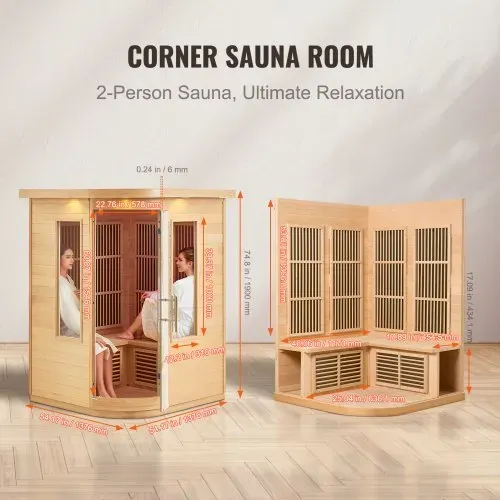 VEVOR Ferninfrarot-Holzsauna, Sauna-Spa für Zuhause, für 2 Personen, Niedrige EMF-Ferninfrarot-Sauna mit gehärteter Glastür & LED-Mehrfarbenlampe & Bluetooth-Lautsprechern, 2 kW für den Innenbereich – Bild 5