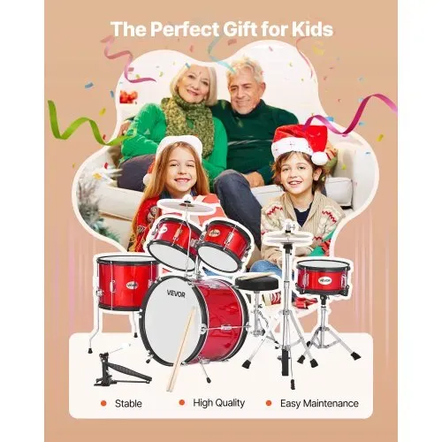 VEVOR Schlagzeug Set, 5-teilig, Drum Kit für Anfänger, inkl. Basstrommel, Snare, Tomtoms, Standtom, Crash-Becken, Hi-Hat mit Ständer, Musik-Lern-Instrumentenset, für Kinder von 6–13 Jahren (rot) – Bild 6