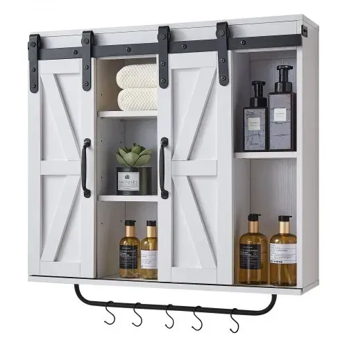 VEVOR Badezimmer Wandschrank Medizinschrank mit 2 Schiebetüren & verstellbaren Regalen, Aufbewahrungsschrank Hängeschrank mit offener Trennwand / Handtuchhalter / Haken für Küche, Toilette – Bild 8