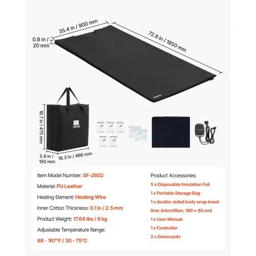 VEVOR Infrarot-Saunadecke 185x90cm Tragbare Infrarotdecke PU-Leder Schwarz, Wärmedecke für Schwitzen Entspannung Detox, 30-75°C Temperaturregelung, 20-60 min Timer, Handtuchfutter, mit Tragetasche – Bild 6
