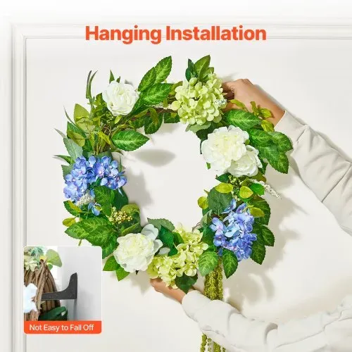VEVOR Künstlicher Dekokranz, 58,42cm, Blau-Weiß-Grün, dekoriert mit Hortensien, Rosen, Beeren, Ranken, Türkranz ganzjährig, für drinnen & draußen, als Dekoration für Hauswände, Fenster & Festivals – Bild 5
