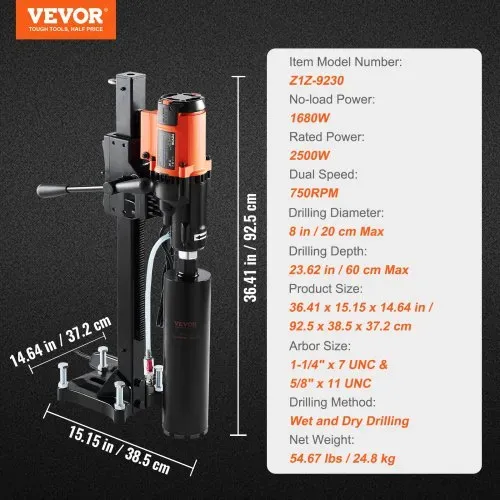 VEVOR Diamant Bohranlage 3200 W Diamantkernbohrmaschine Kernbohrgerät 0-750 U/min Kernbohrmaschine Nass- und Trockenbohren, 20 cm Magnetbohrmaschine Geeignet zum Bohren von Stahlbeton, Marmor usw. – Bild 6